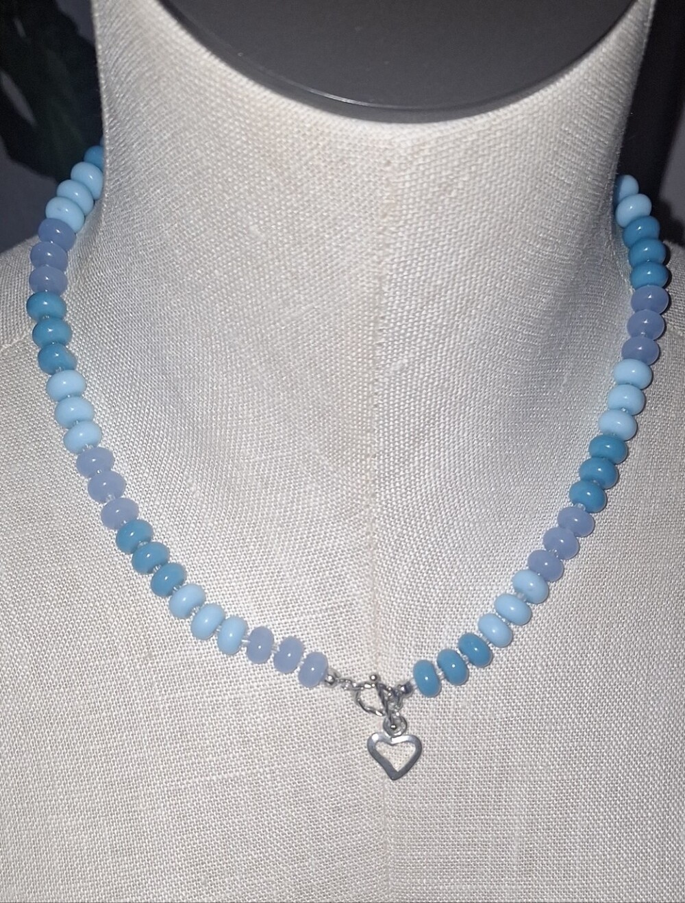 Silver Heart Blue Gradient Beaded Necklace